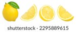 Small photo of ripe lemon fruit with leaves, half and slice isolated, Fresh and Juicy Lemon, collection, cut out