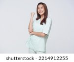 Small photo of Happy asian woman patient isolated on white background. success life insurance and coverage concept.