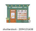 Bakery shop facade with signboard isolated flat cartoon building. baking store, cafe, bread, pastry and dessert market supermarket. Showcase with bread and cakes products, bicycle and plant