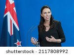 Small photo of Berlin, Germany, 2018-04-17: The Prime Minister of New Zealand, Jacinda Kate Laurell Ardern, answers questions at the press conference at the German Chancellery