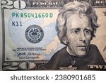 Small photo of Twenty dollars close up. Twenty dollar bill, eye Jackson background. Details of cash American twenty dollars. Old American dollars, details of old American cash dollars