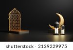 Small photo of Islamic decoration background with lantern and crescent moon luxury style, ramadan kareem, mawlid, iftar, isra miraj, eid al fitr adha, muharram, copy space text area, 3D illustration.