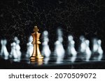 Small photo of Golden king chess encounter with silver chess enemy on dark background and connection line for strategy idea and futuristic concept