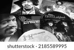 Small photo of Rome, April 15, 2020: covers and cd inserts of the American rock guitarist Jimi Hendrix. with the guitarist Noel Redding and the drummer Mitch Mitchell he formed the Jimi Hendrix Experience in 1966