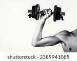Small photo of Skinny guy hold dumbbells up in hands. A thin man in sports with dumbbells. Weak hand man lift a weight, dumbbells. Nerd maleraising a dumbbell. Black and white.