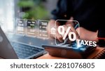 Small photo of Corporate and individual tax payment concept, woman using computer filling out corporate and personal income tax return, VAT and property tax of business.