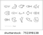Set of 15 minimal fish icons showing aquatic animals with various fins, scales, tails and gills swimming in water, as a skeleton or in a bowl