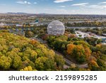 Aerial view of Montreal Biosphere at Parc Jean-Drapeau during fall season in Montreal, Quebec, Canada.