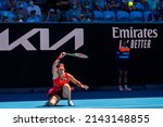 Small photo of MELBOURNE, AUSTRALIA - 19 JANUARY, 2022: Australian Open Tennis Grand Slam. Day 3, Aryna Sabalenka (BLR) won against Marketa Vondrousova (CZE). 4:6, 6:3, 6:1. Sabalenka goes low to return.