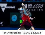 Small photo of MELBOURNE, AUSTRALIA - 19 JANUARY, 2022: Australian Open Tennis Grand Slam. Day 3, Aryna Sabalenka (BLR) won against Marketa Vondrousova (CZE). 4:6, 6:3, 6:1. Vondrousova with racquet up.