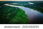 Small photo of Aerial Panoramic View of Pantanal Delta River Through Lush Green Natural Wetland, Tropical Flooded Grasslands, Paraguay River and Brazil Mato Grosso