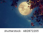 Beautiful autumn fantasy - maple tree in fall season and full moon with milky way star in night skies background. Retro style artwork with vintage color tone