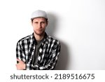 a male person wearing blank simple baseball snapback hat mockup copy space template