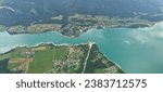Small photo of Austria- salzburger land- drone view from sky to lake Wolfgangsee. Amazing view from sky in Salzkammergut. Alps mountains. Upper Austria, Salzburg, above Wolfgangsee. Wolfgang lake, Austria