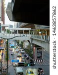 Small photo of Footbridge and traffic road scene in Bangkok Thailand Asia afternoon July 28 2019 the bridge structure landmark of this area still be used for crossing junction till now