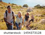 Small photo of Millennial African American man leading friends hiking single file uphill on a path by the coast