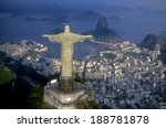 Rio de Janeiro, RJ, Brazil: Aerial view of Christ, symbol of Rio de Janeiro, standing on top of Corcovado Hill, overlooking Guanabara Bay
