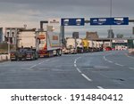 Small photo of Wirral, UK - Feb 6 2021: Lorry tractor units queuing at the Stena Line roll on - roll off Liverpool to Belfast ferry Terminal in Birkenhead on the River Mersey.