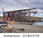 Small photo of Lerwick, UK - Apr 29 2022: The 8100 tonne Ninian North jacket at the heavy-duty decommissioning pad at the Dales Voe facility, Lerwick, Shetland, UK.