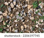 Small photo of A close up of flints and flint nodules in the superficial deposits of clay with flints in farmland north of Berkhamsted in the Chilterns, England, UK.