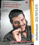 Small photo of Rome, Italy - June 10, 2023, detail of the cover of the book Without losing tenderness. Life and death of Ernesto Che Guevara.