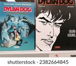 Small photo of Rome, Italy - October 31, 2023, detail of Dylan Dog cinema book covers. In the name of Cavazzano and Dylan Dog. Grand Guignol.
