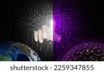 Small photo of Digital twins concept. A half real half digital finger starts or activates both the physical and digital worlds with a single push. Business and technology simulation modeling