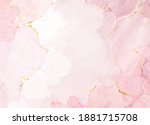 Blush pink watercolor fluid painting vector design card. Dusty rose and golden marble geode frame. Spring wedding invitation. Petal or veil texture. Dye splash style. Alcohol ink.Isolated and editable