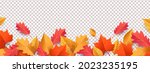 Autumn seasonal background with long horizontal border made of falling autumn golden, red and orange colored leaves isolated on background. Hello autumn vector illustration