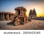 Hampi, Karnataka, India - January 10, 2020: Vijaya Vitthala Temple. Beautifully carved out of a monolith rock, a piece of intricate architectural marvel that the ancients built.
