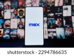 Small photo of max Logo streaming tv on Phone. Warner Bros. Discovery unveiled its new streaming service, featuring a combination of programming from HBO Max and Discovery+. Bangkok, Thailand 23 April 2023