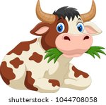 Cute Cartoon Cow Eating Grass 