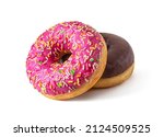 Two delicious donuts with strawberry and chocolate glaze, sprinkled with multicolored sprinkles, isolated on a white background
