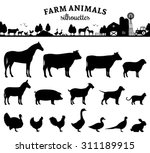 Vector farm animals silhouettes isolated on white. Livestock and poultry icons. Rural landscape with trees, plants and farm