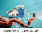 Small photo of Transparent glass perfume bottle on a glass table with decorative stones and driftwoods on blue background. Perfume template concept.