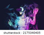 Futurism collage. A young woman in VR glasses creates neon abstract mesh and geometric triangles. Dark background. The concept of virtual reality, metaverse and 3D simulation.