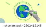 Small photo of Climate improvement, preservation of life on earth, global sustainable development, green energy concept. The hand paints the globe green. Minimalistic art collage