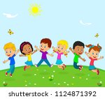 kids boys and girls jumping and ... | Shutterstock .eps vector #1124871392