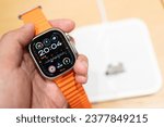 Small photo of Bangkok Thailand OCT 18 2023: the Apple Watch Ultra 2. A hero object display features Apple Watches Ultra 2 for demo.