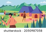 Prehistoric life of ancient human culture by farming and raising livestock to meet food needs vector illustration. used for poster, website image and other