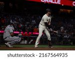 Small photo of San Francisco - June 8, 2022: San Francisco Giants catcher Curt Casali bats against the Colorado Rockies at Oracle Park.