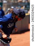 Small photo of Oakland, California - August 21, 2022: Seattle Mariners shortstop J.P. Crawford runs on the field during a game against against the Oakland Athletics at the Oakland Coliseum.