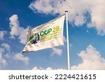 Small photo of November 10, 2022, Brazil. The 2023 United Nations Climate Change Conference COP28 soon appears on a flag. Event will be on 6-17 November 2023, in Emirate of Dubai, United Arab Emirates