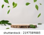Small photo of Wood slice podium and green flying leaves on white background. Concept scene stage showcase for new product, promotion sale, banner, presentation, cosmetic. Wooden stand studio empty