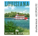 Louisiana travel poster or sticker. Vector illustration of vintage paddle wheel riverboat and scenic landscape