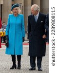 Small photo of Berlin, Germany - March 29, 2023: the British King Charles III. and Queen Consort Camilla during their arrival at Brandenburg gate