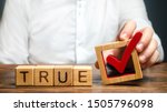Small photo of A man holds a red check mark over word True. Confirm the veracity and truth. Fight against fake news hostile propaganda. Confirmation facts, refutation of rumors. Debunking Myths and Misconceptions