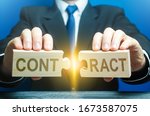 Small photo of Businessman employer breaks a contract. Termination of cooperation, disagreement refusal to renew extend agreement. Deal cancel. Violation of conditions and rules. Anticipatory repudiation act