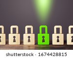 A green padlock stands out from others. Safety of personal data, privacy of users. NSFW. Virus, antivirus. Protecting information and avoiding unauthorized access and data leakage. Hacking attack.