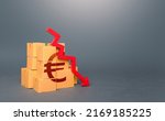 Small photo of Boxes with euro symbol and down arrow. Decrease in stocks of products. Worsening trade. Embargo, sanctions. Low consumption. Economic slowdown. Price reduction. The fall in the production of goods.